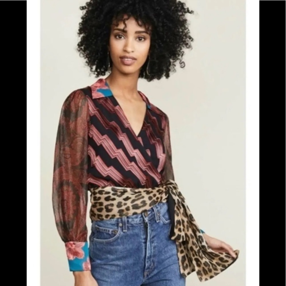 Alice + Olivia Red and Blue Wrap Blouse